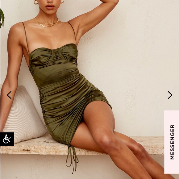 NW: House of CB — Mistress Rocks Afterglow Olive Asymmetric Rouched Mini Dress - Picture 5 of 8